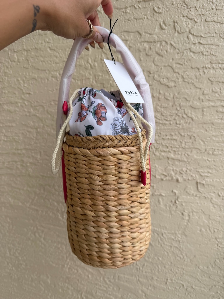 Nwt Furla Woven Straw Mini Bucket Bag With Pink Trim
